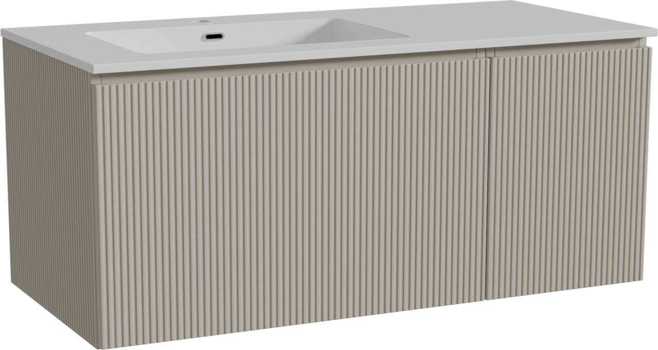 Storke Ribs zwevend badkamermeubel 110 x 52 cm zijdegrijs met Diva asymmetrisch linkse wastafel in composietmarmer glanzend wit, Verticale symmetrische rechte ribbel