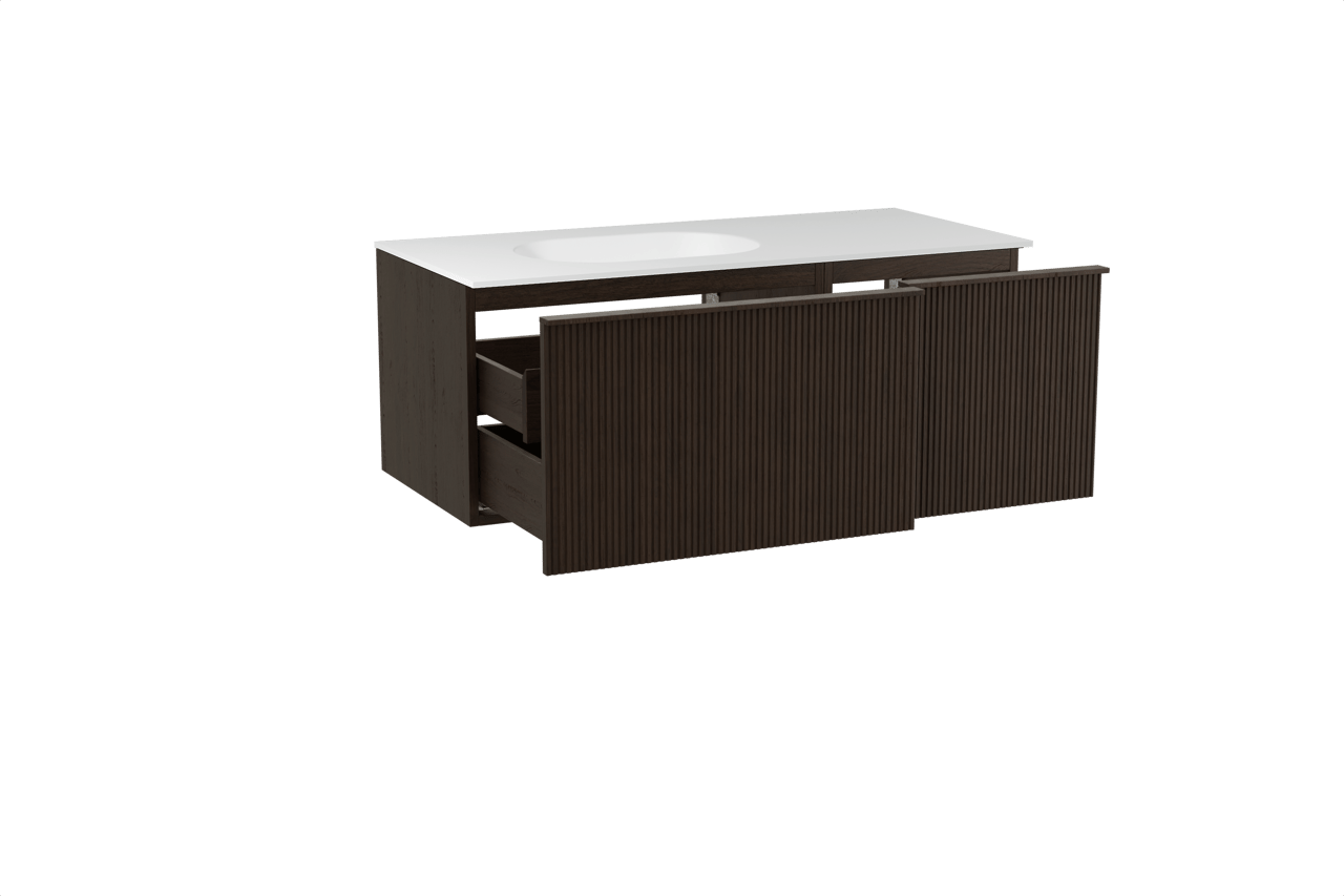 Balmani Forma zwevend badkamermeubel 120 x 55 cm gerookte eik met Tablo Oval asymmetrisch linkse wastafel in solid surface mat wit, Verticale symmetrische rechte ribbel