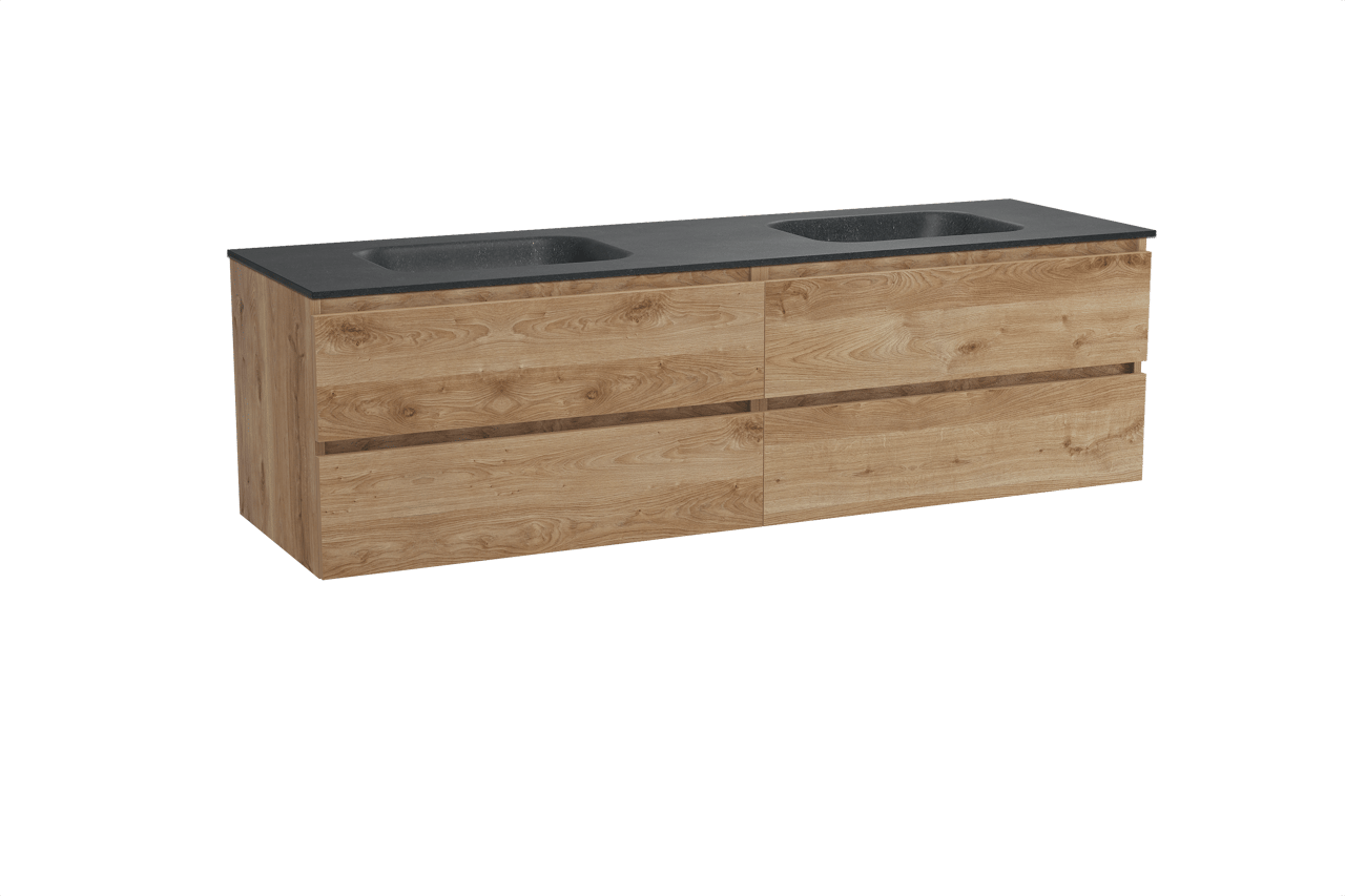 Balmani Lucida hängendes Möbelstück Set: 180 x 55 cm, Rohe Eiche, mit Tablo Arcato Doppelwaschtisch, Schwarzes Granit