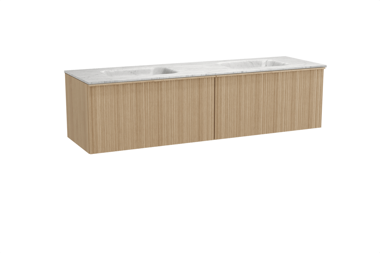 Balmani Forma zwevend badkamermeubel 180 x 55 cm natuur eik met Tablo Arcato dubbele wastafel in marmer carrara, Verticale asymmetrische ronde ribbel