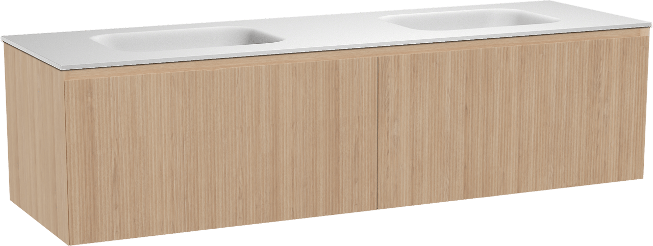 Balmani Fila zwevend badmeubel 180 x 55 cm naturel eiken met Tablo Arcato dubbele wastafel in solid surface mat wit, Verticale symmetrische rechte ribbel