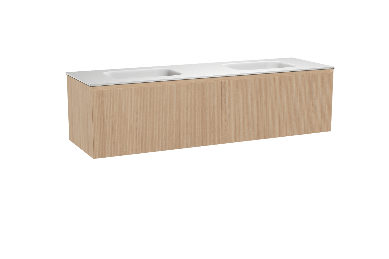 Balmani Fila hängendes Möbelstück Set: 180 x 55 cm, Naturbelassene Eiche, mit Tablo Arcato Doppelwaschtisch, Solid Surface, Weiß matt, Vertikale symmetrische gerade Rippe