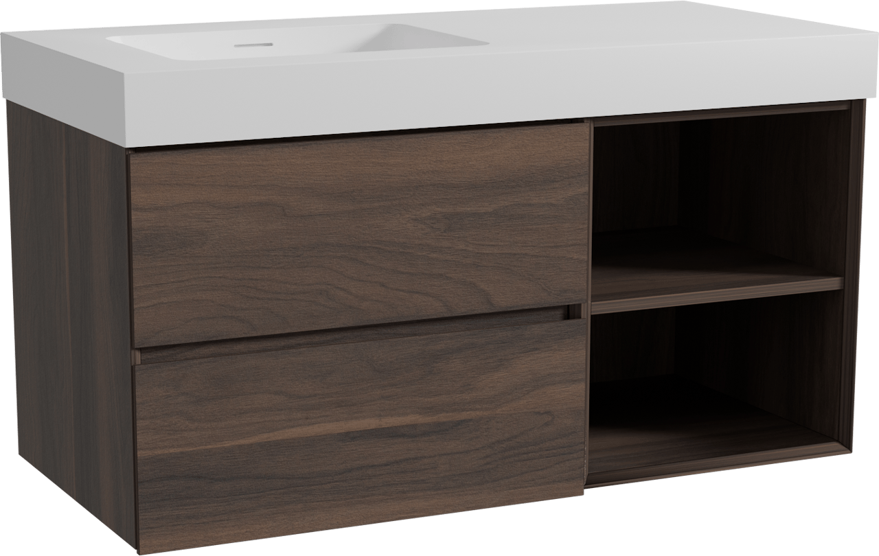 Storke Edge hängendes Möbelstück Set: 110 x 52 cm, Nussbaum, mit Mata High Waschtisch links, Solid Surface Weiß matt