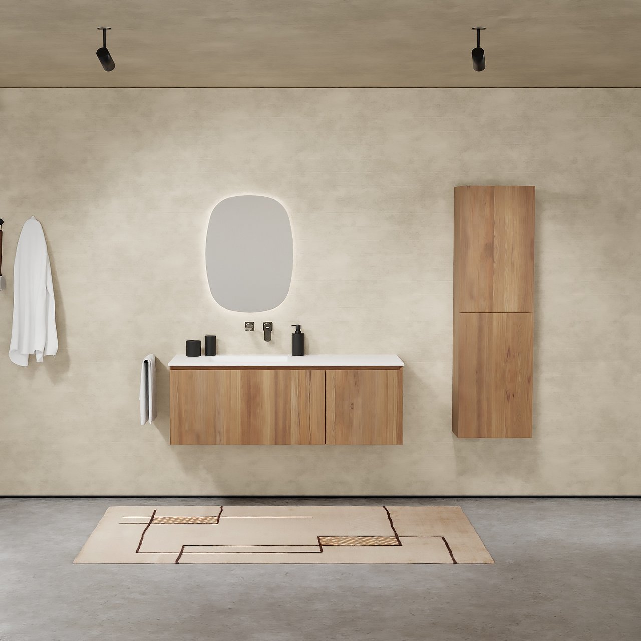 Balmani Idra hängendes Möbelstück Set: 135 x 55 cm, Teak, mit Tablo Arcato Waschtisch links, Solid Surface Weiß matt