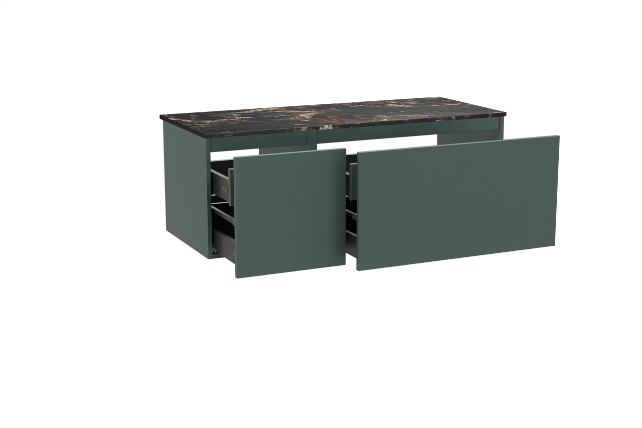 Balmani Sfera zwevend badmeubel 135 x 55 cm forest met Stretto enkel of dubbel wastafelblad in marmer portoro gold