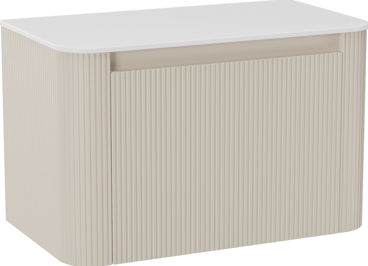 Storke Soft zwevend badmeubel 80 x 46 cm Sand mat met Tavola Soft enkel wastafelblad in solid surface mat wit, Verticale symmetrische rechte ribbel