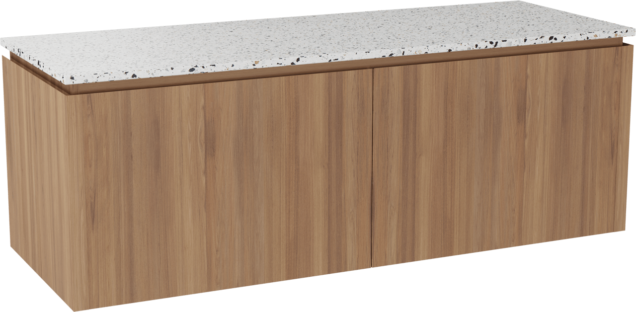 Balmani Eclips hängendes Möbelstück Set: 150 x 55 cm, Teak, mit Stretto Einzel- oder Doppel Waschtischplatte Bianco Nero Terrazzo