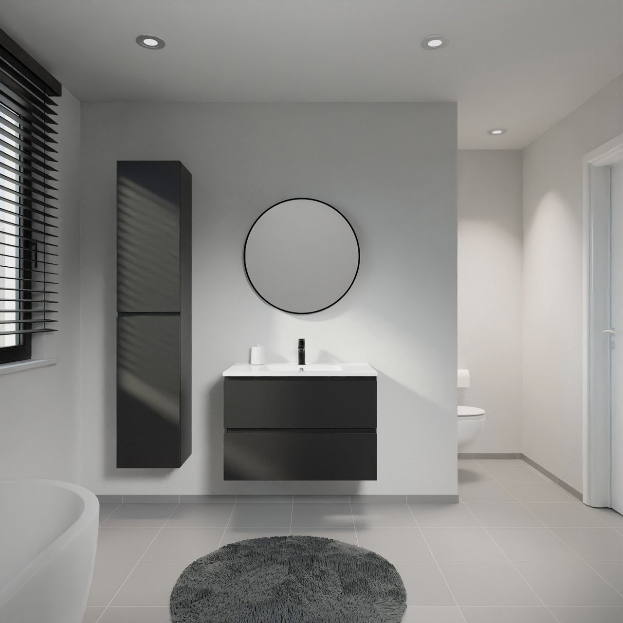 Linie Lado meuble salle de bains suspendu 80 x 46 cm noir mat avec Vano plan simple en marbre composite blanc brillant