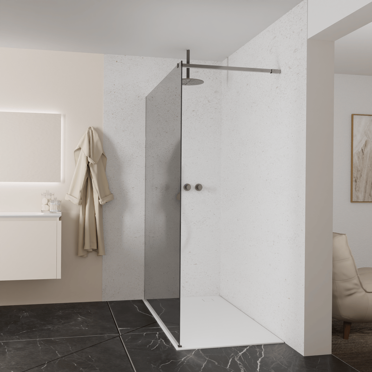 Balmani Modular Walk-In Dusche: 160 x 200 cm, Reflex-Spiegelglas, inklusive Coating, Profil Brushed GunMetal