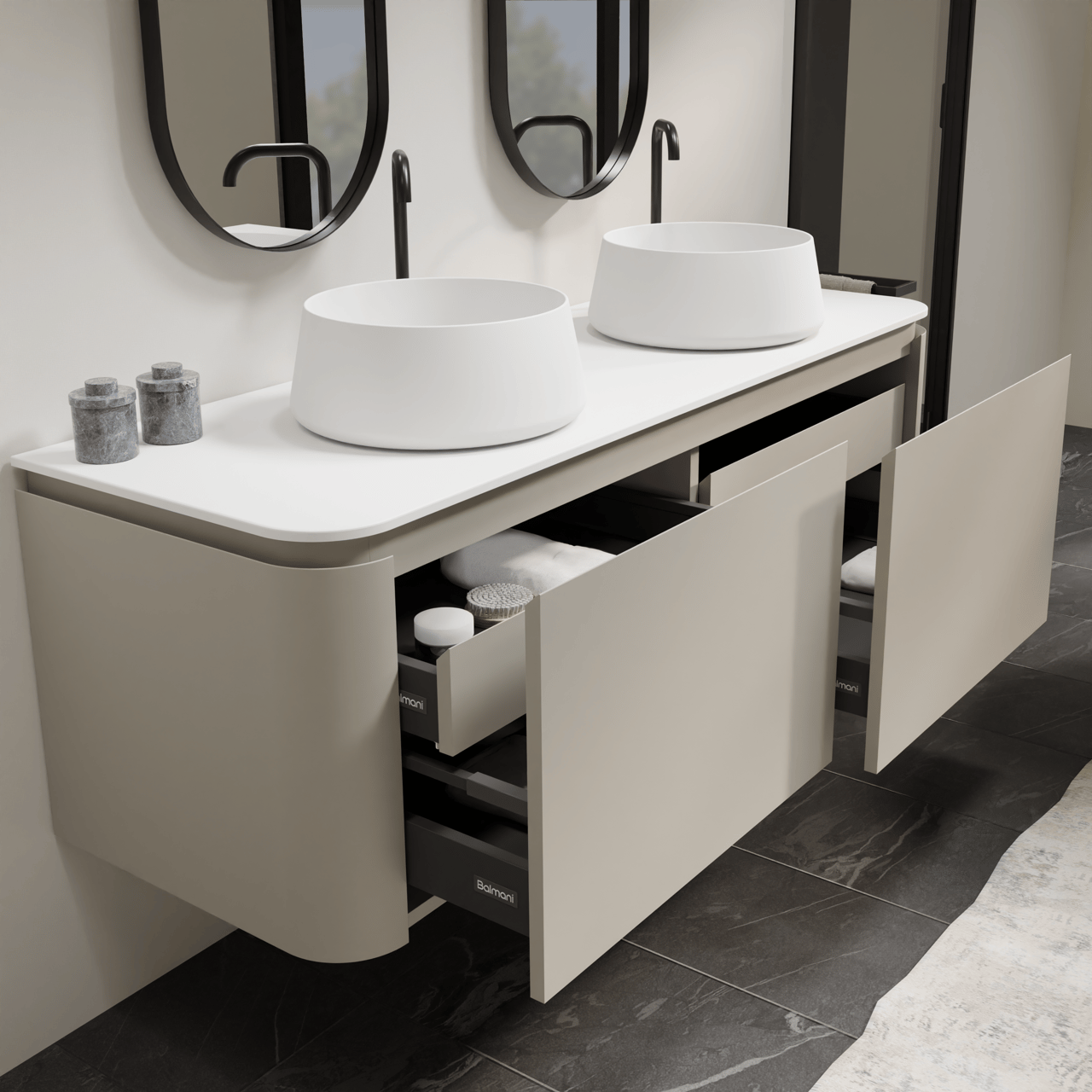 Balmani Moon zwevend badkamermeubel 160 x 55 cm zijdegrijs met Moon enkel of dubbel tablet in solid surface mat wit