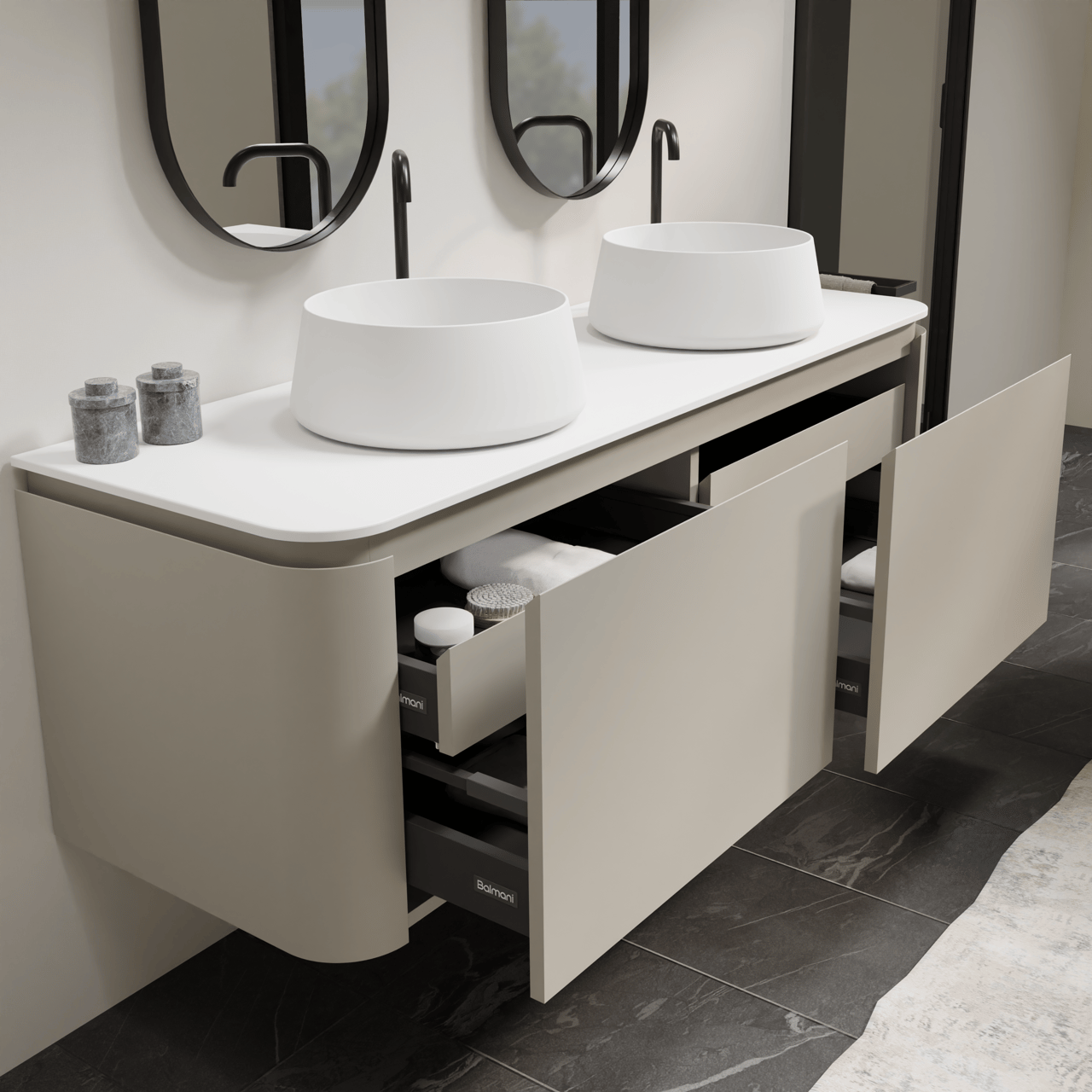 Balmani Moon hängendes Möbelstück Set: 160 x 55 cm, Seidengrau, mit Moon Einzel- oder Doppel Waschtischplatte, Solid Surface Weiß matt