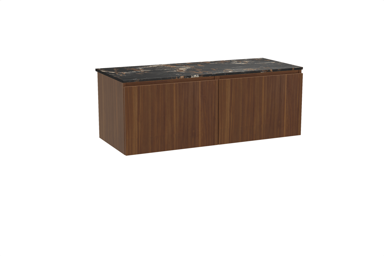 Balmani Sfera hängendes Möbelstück Set: 135 x 55 cm, Amerikanischer Nussbaum, mit Stretto Einzel- oder Doppel Waschtischplatte, Marmor Portoro Gold