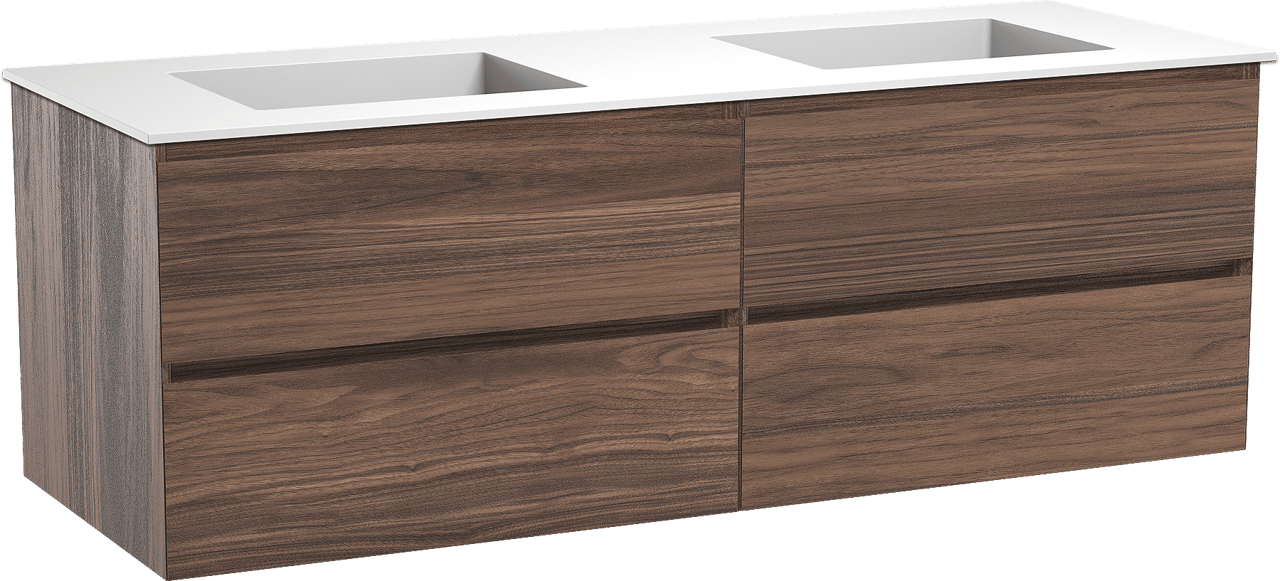 Balmani Mitra zwevend badmeubel 150 x 55 cm notenhout met Tablo Stretto dubbele wastafel in solid surface mat wit