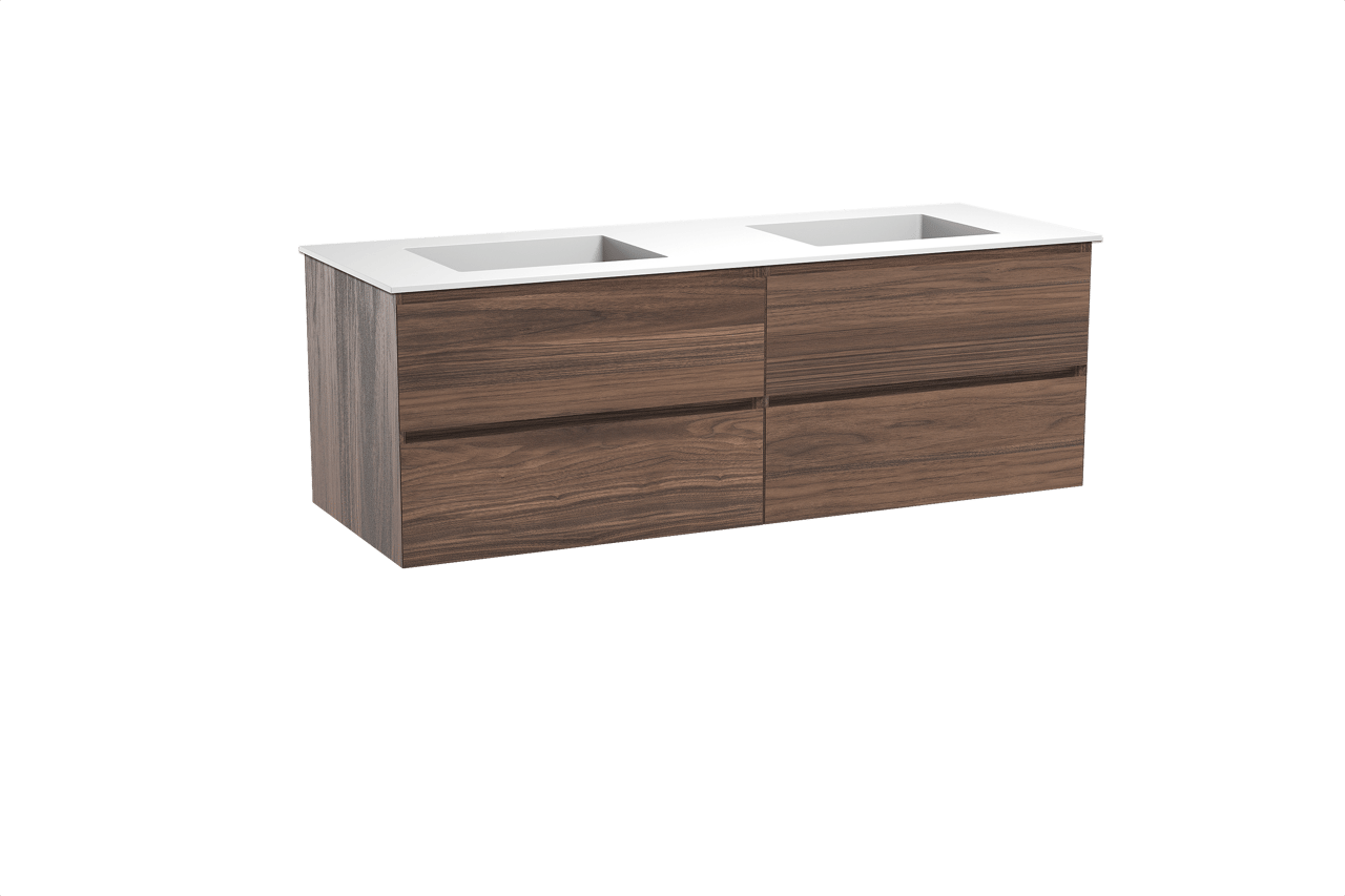 Balmani Mitra hängendes Möbelstück Set: 150 x 55 cm, Nussbaum, mit Tablo Stretto Doppelwaschtisch, Solid Surface Weiß matt