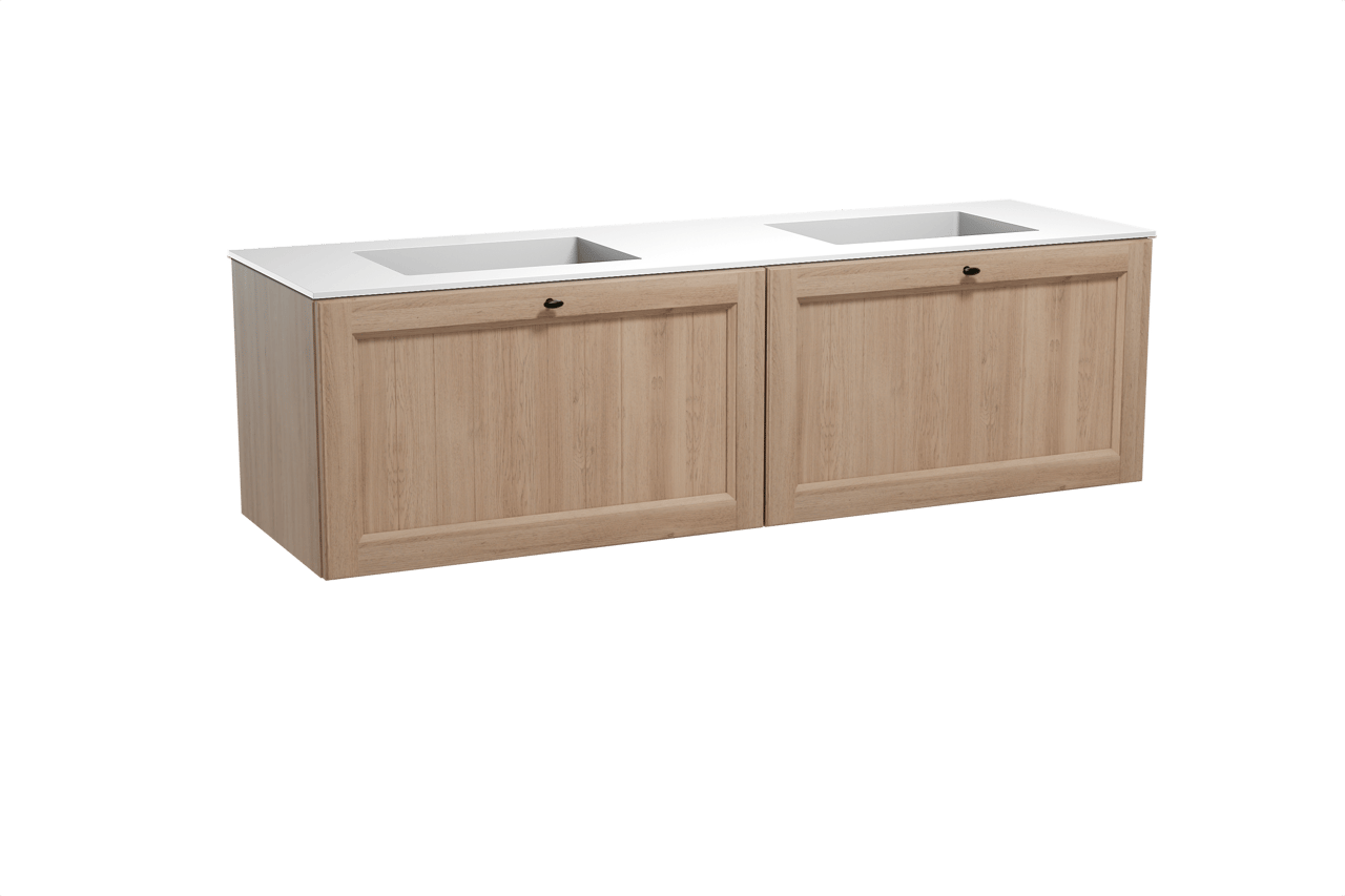 Balmani Lemon zwevend badmeubel 180 x 55 cm verweerd eiken met Tablo Stretto dubbele wastafel in solid surface mat wit