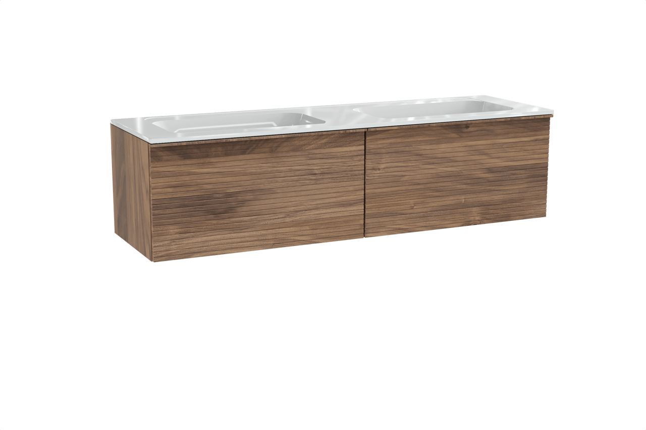 Balmani Forma meuble salle de bains suspendu 180 x 55 cm noyer américain avec Tablo Strada double vasque en marbre composite blanc brillant, Nervure droite symétrique horizontale