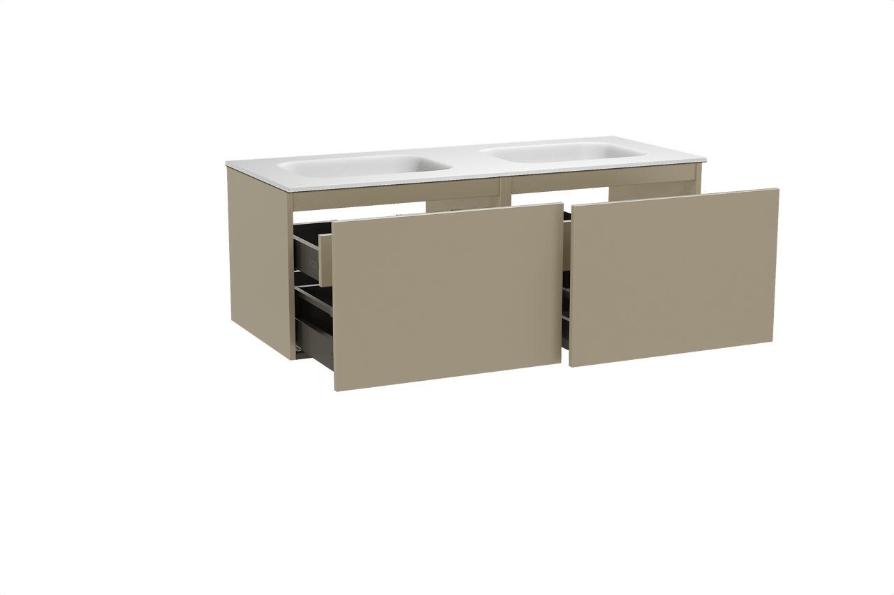 Balmani Sfera hängendes Möbelstück Set: 135 x 55 cm, Dune, mit Tablo Arcato Doppelwaschtisch, Solid Surface Weiß matt