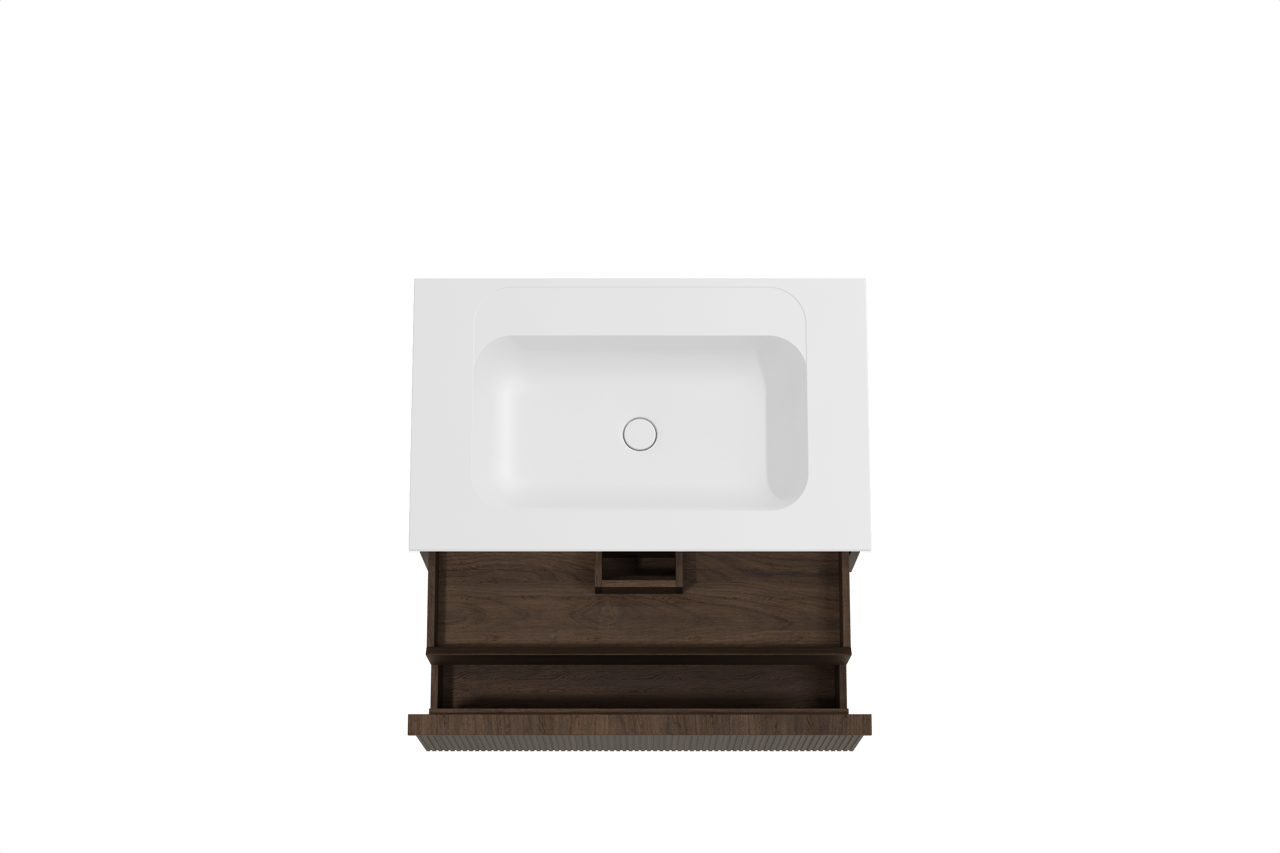 Balmani Forma hängendes Möbelstück Set: 90 x 55 cm, Geräucherte Eiche, mit Tablo Strada Einzelwaschtisch, Marmorkomposit, Weiß matt, Vertikale symmetrische gerade Rippe