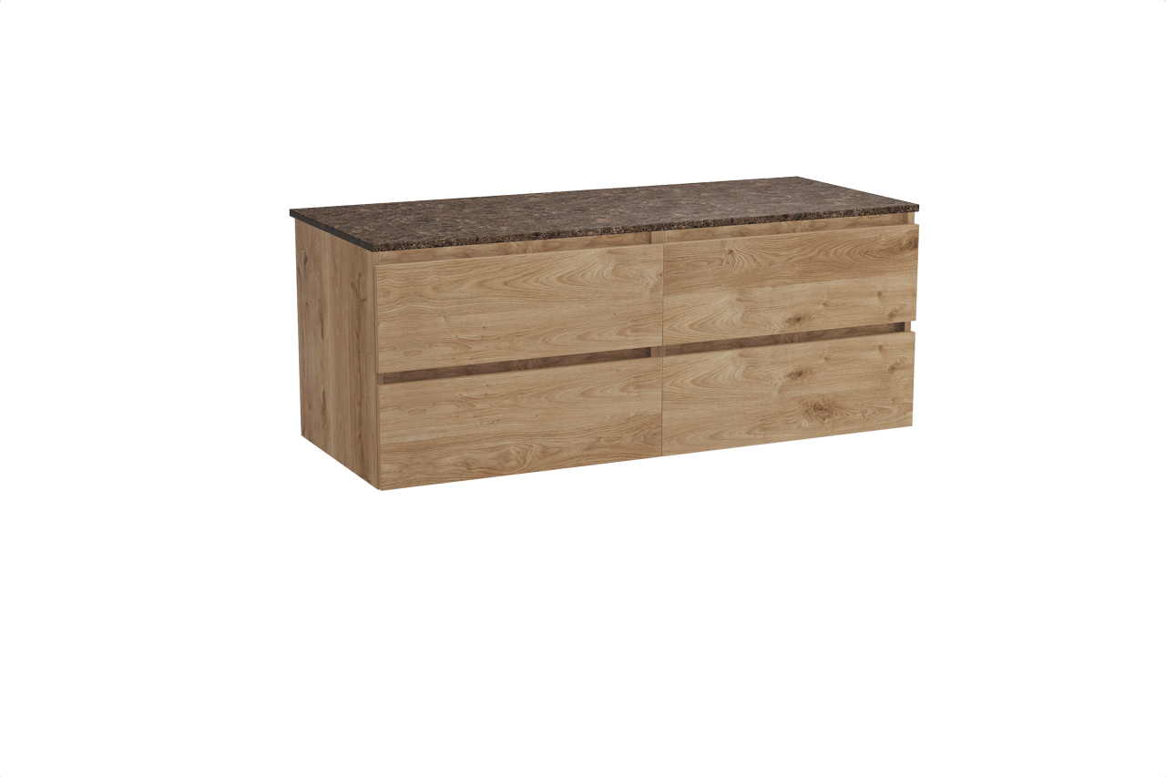 Balmani Lucida meuble salle de bains suspendu 135 x 55 cm chêne brut avec Stretto tablette simple ou double en marbre dark emperador