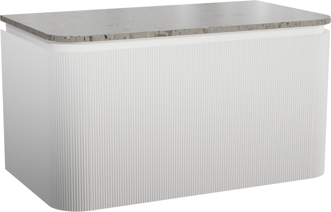 Balmani Moon zwevend badmeubel 100 x 55 cm mat wit met Moon enkel wastafelblad in terrazzo greige terrazzo, Verticale symmetrische rechte ribbel