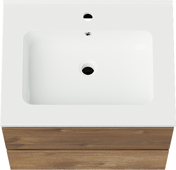 Linie Lado zwevend badmeubel 60 x 46 cm bruin eiken met Vano enkele wastafel in composietmarmer hoogglans wit