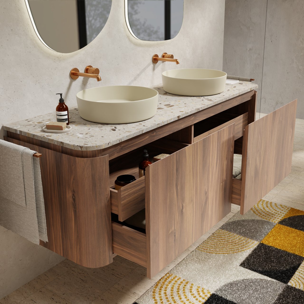 Balmani Moon meuble salle de bains suspendu 160 x 55 cm noyer américain avec Moon tablette simple ou double en terrazzo greige terrazzo