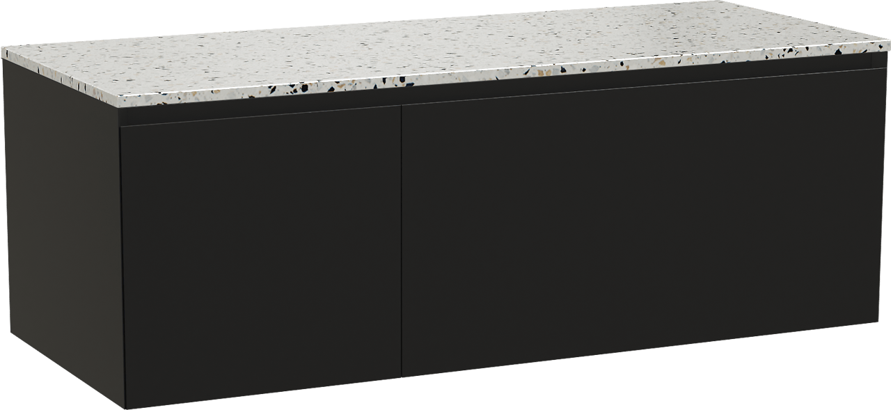 Balmani Idra meuble salle de bains suspendu 135 x 55 cm noir mat avec Stretto tablette simple ou double en blanc/noir mat terrazzo