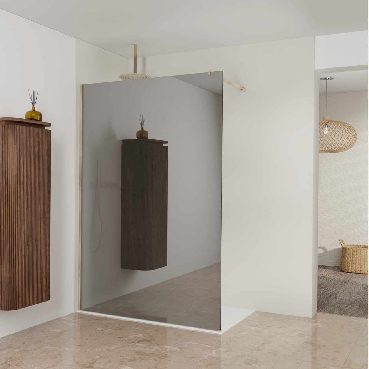 Balmani Modular Walk-In Dusche: 140 x 200 cm, Reflex-Spiegelglas, Profil Brushed Champagne Gold