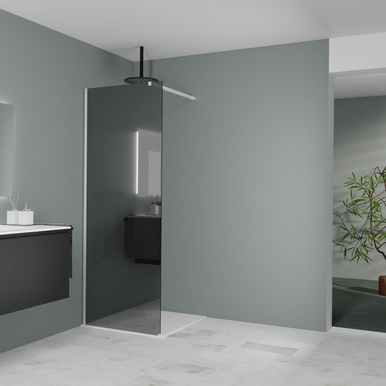 Balmani Modular douche à l'italienne: 80 x 200 cm, Miroir Reflex, Profil Blanc mat