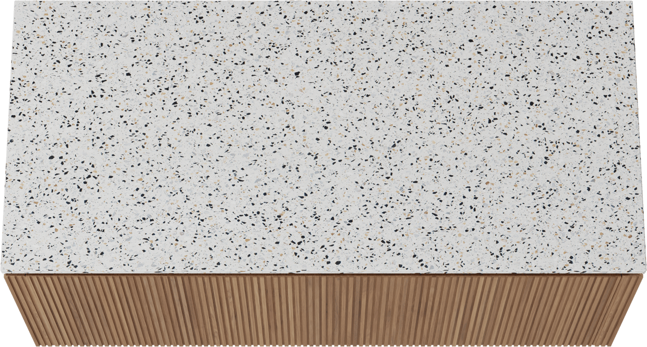 Balmani Eclips hängendes Möbelstück Set: 120 x 55 cm, Teak, mit Stretto Einzel- oder Doppel Waschtischplatte Bianco Nero Terrazzo, Vertikale symmetrische gerade Rippe