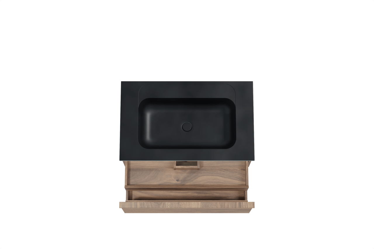 Balmani Forma zwevend badkamermeubel 90 x 55 cm amerikaanse notelaar met Tablo Strada enkele wastafel in composietmarmer mat zwart, Horizontale symmetrische rechte ribbel