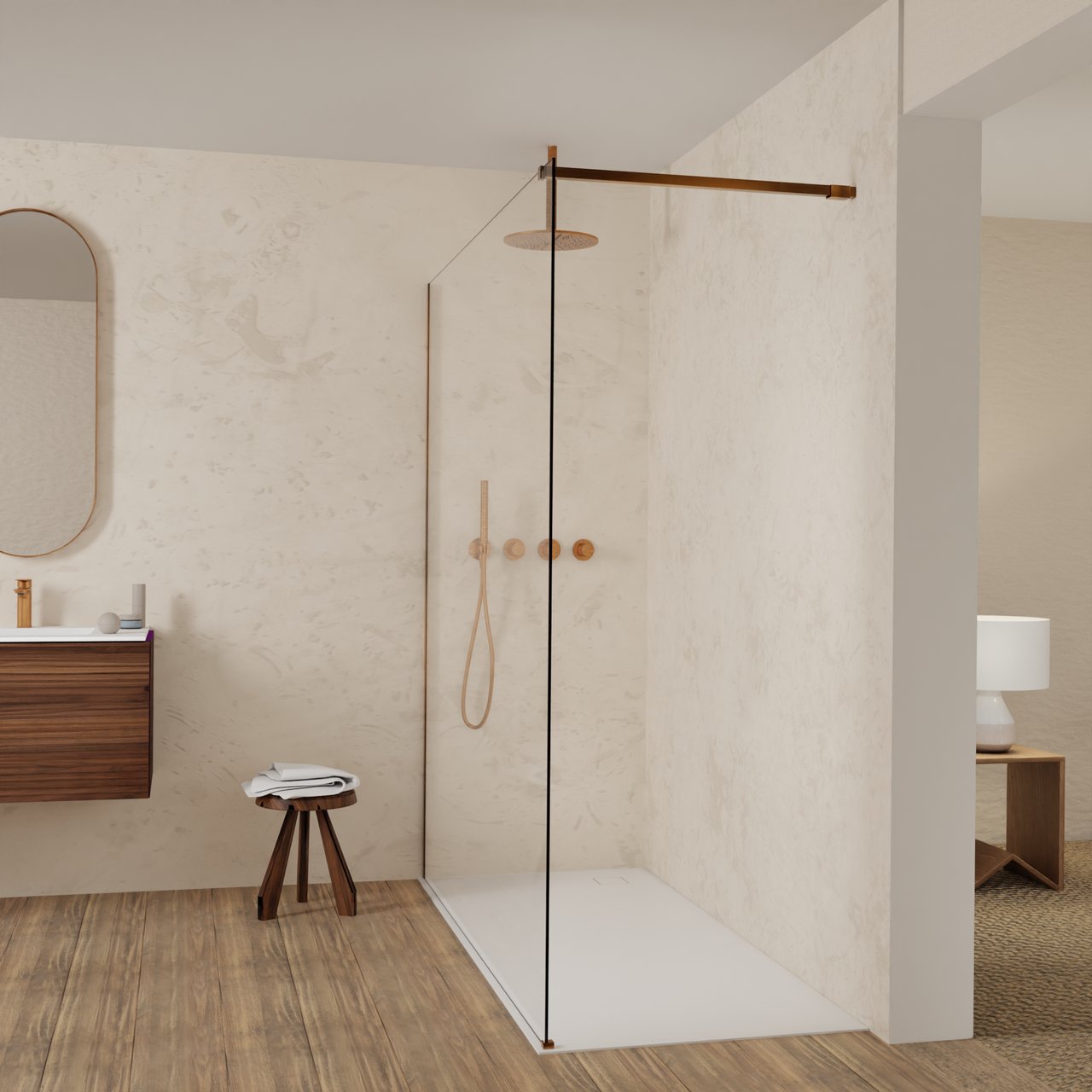 Balmani Modular Walk-In Dusche: 180 x 200 cm, Klarglas, inklusive Coating, Profil Brushed Rosegold
