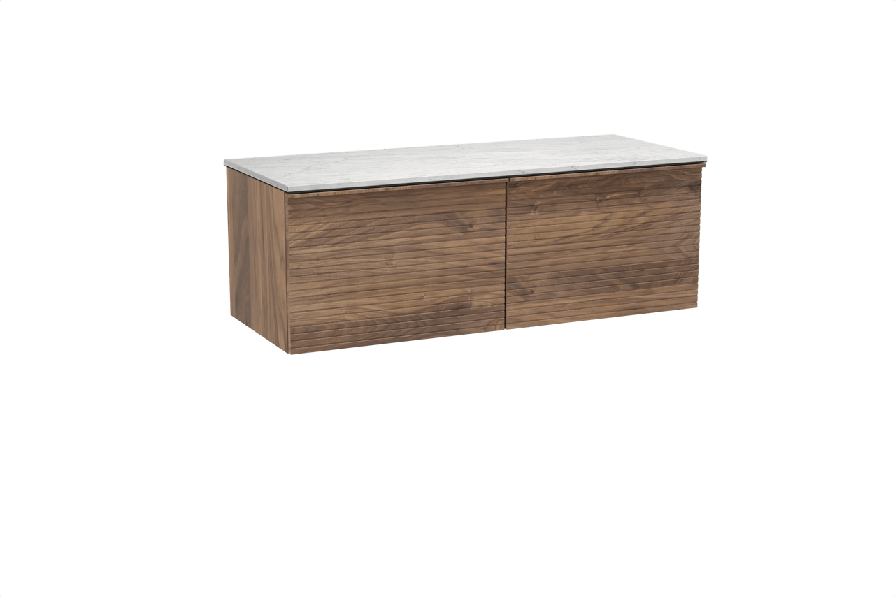 Balmani Forma meuble salle de bains suspendu 135 x 55 cm noyer américain avec Stretto tablette simple ou double en marbre carrara, Nervure droite symétrique horizontale