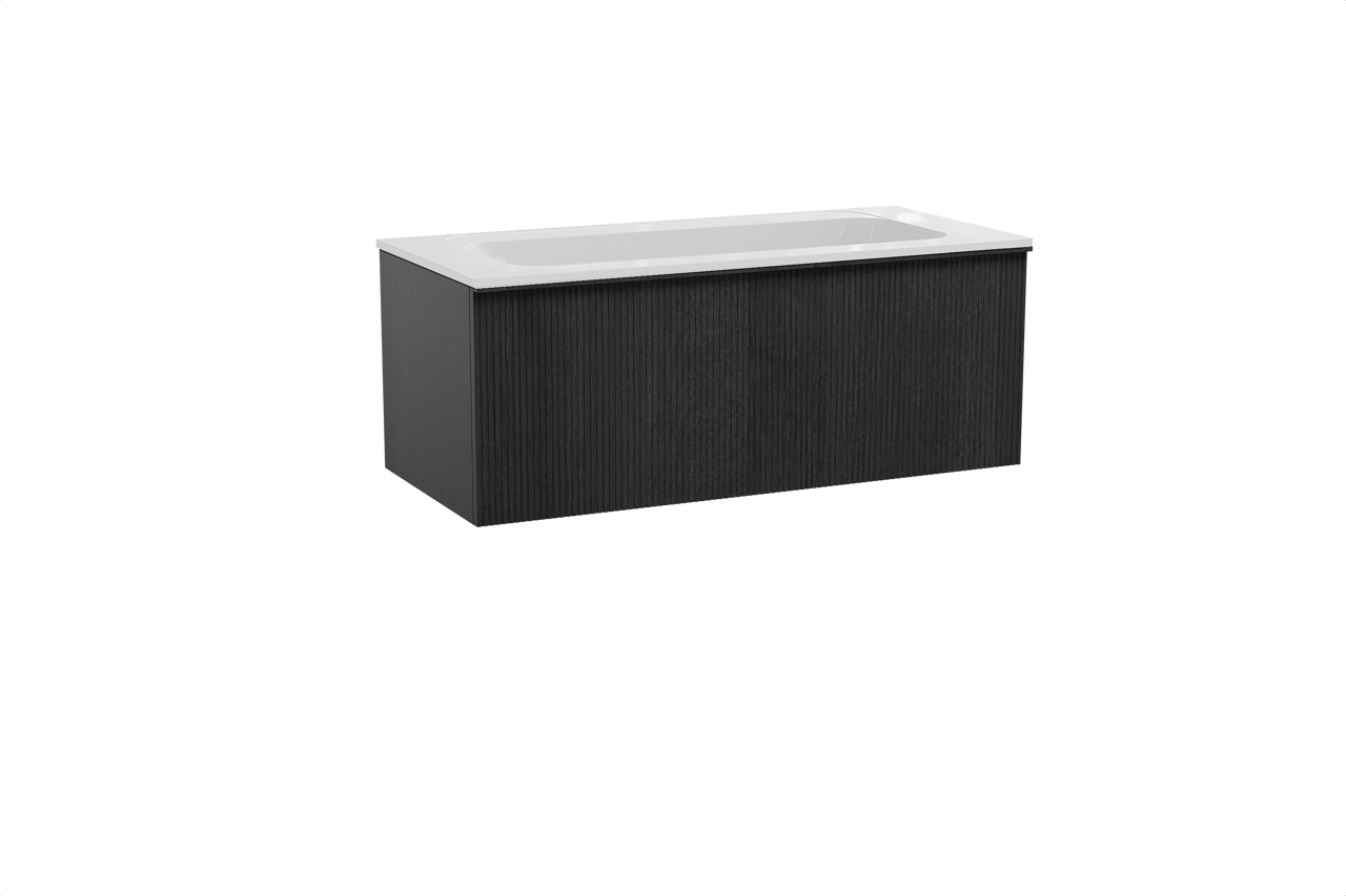 Balmani Forma hängendes Möbelstück Set: 120 x 55 cm, Schwarze Eiche, mit Tablo Strada Einzelwaschtisch, Marmorkomposit, Weiß glänzend, Vertikale symmetrische gerade Rippe