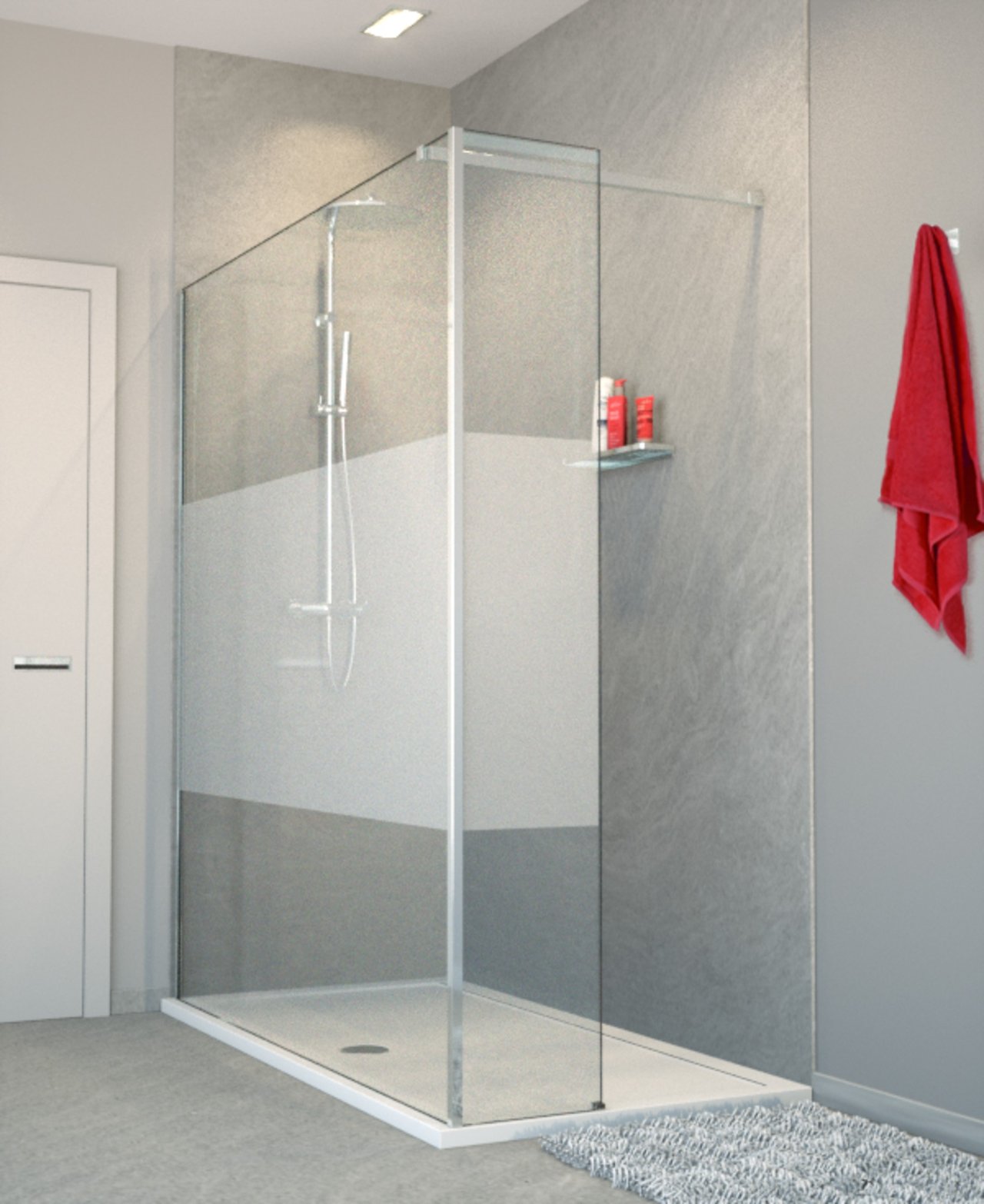 Balmani Modular Walk-In-Dusche mit fester Seitenwand 180 x 200 cm, Klarglas mit mattiertem Streifen, Profil chrom glänzend