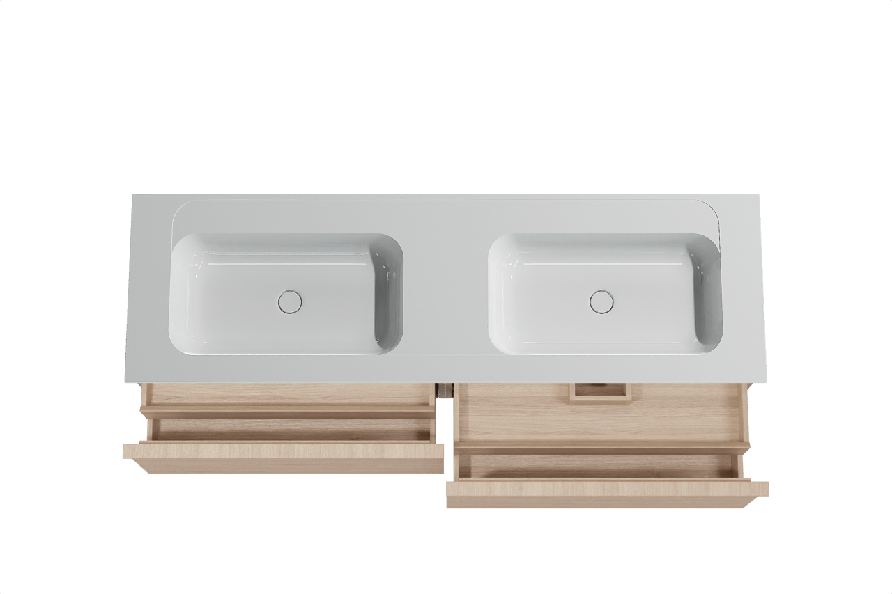 Balmani Forma zwevend badkamermeubel 180 x 55 cm natuur eik met Tablo Strada dubbele wastafel in composietmarmer glanzend wit, Horizontale symmetrische rechte ribbel