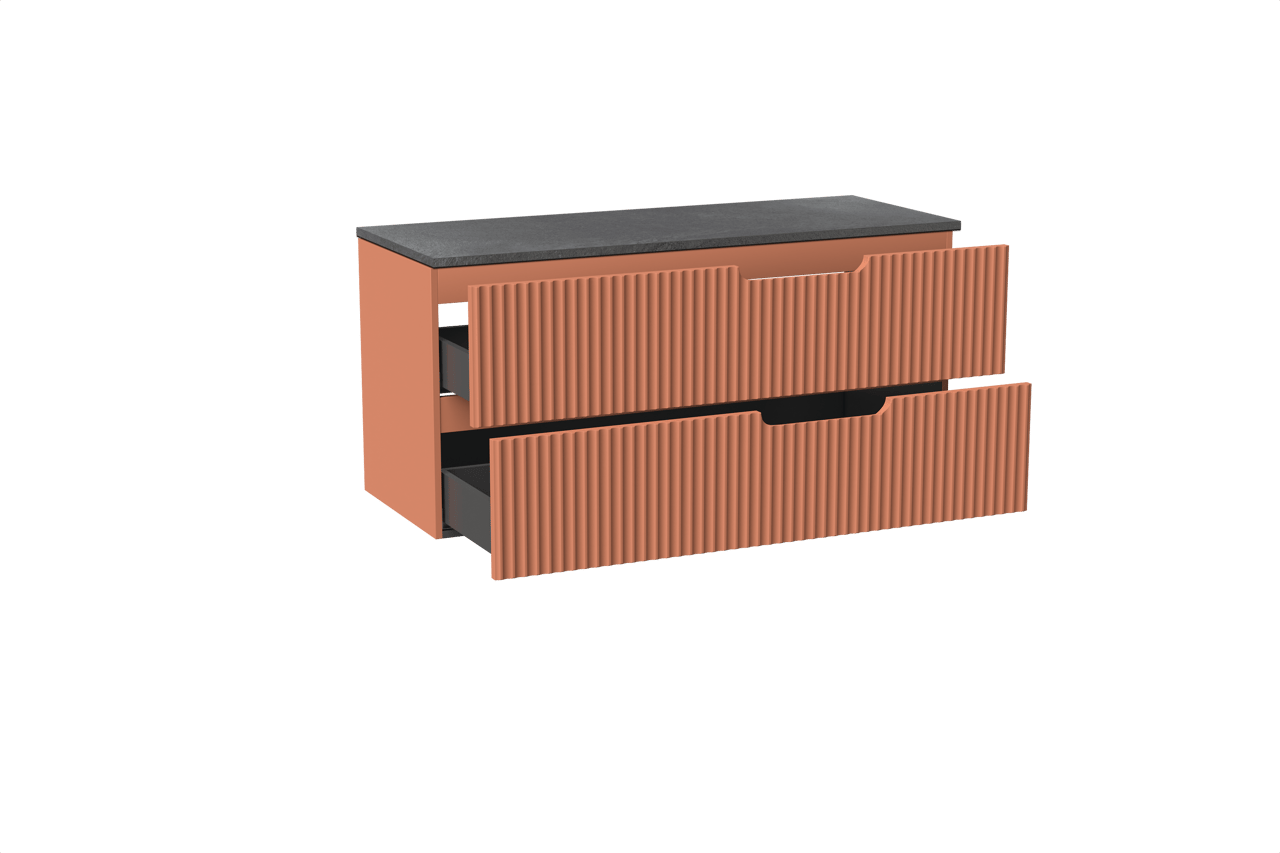 Linie Ribbo hängendes Möbelstück Set: 120 x 46 cm, Cotto, mit Lado Einzel- oder Doppel Waschtischplatte, Melamin, Schiefergrau, Vertikale symmetrische runde Rippe