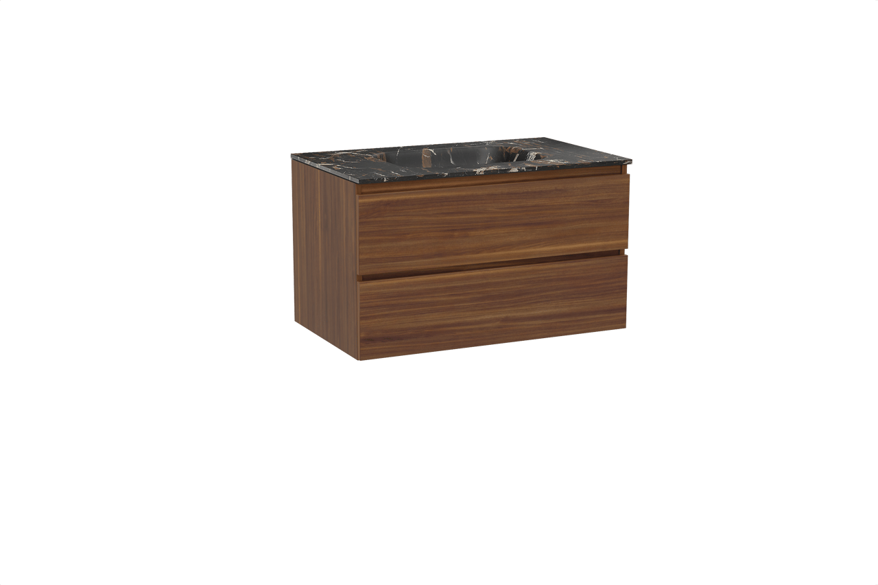 Balmani Lucida hängendes Möbelstück Set: 90 x 55 cm, Amerikanischer Nussbaum, mit Tablo Arcato Einzelwaschtisch, Marmor Portoro Gold