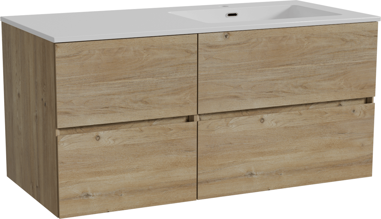 Storke Edge meuble salle de bains suspendu 110 x 52 cm chêne brut avec Diva plan vasque asymétrique à droite en marbre composite blanc brillant