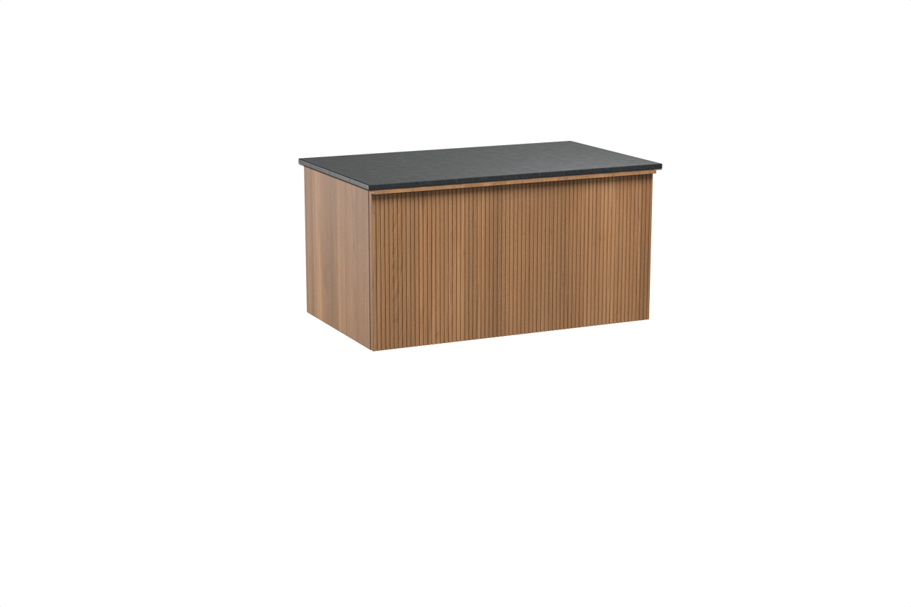 Balmani Forma hängendes Möbelstück Set: 90 x 55 cm, Teak, mit Stretto Einzel Waschtischplatte, Granit, Schwarzes Granit, Vertikale symmetrische gerade Rippe