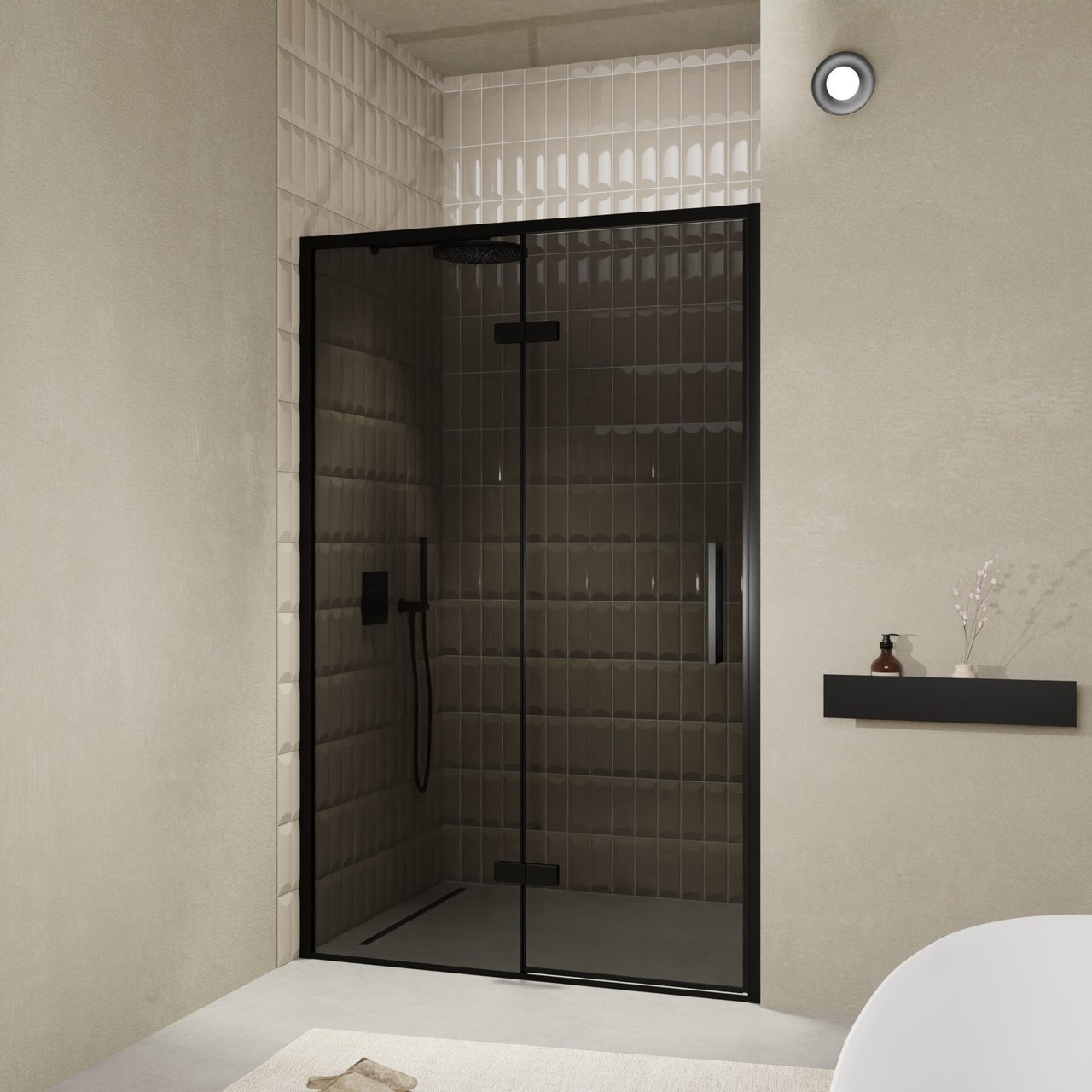 Balmani Senses Design douche draaideur links 140 cm x 210 cm Rookglas, Zwarte profielen, met coating