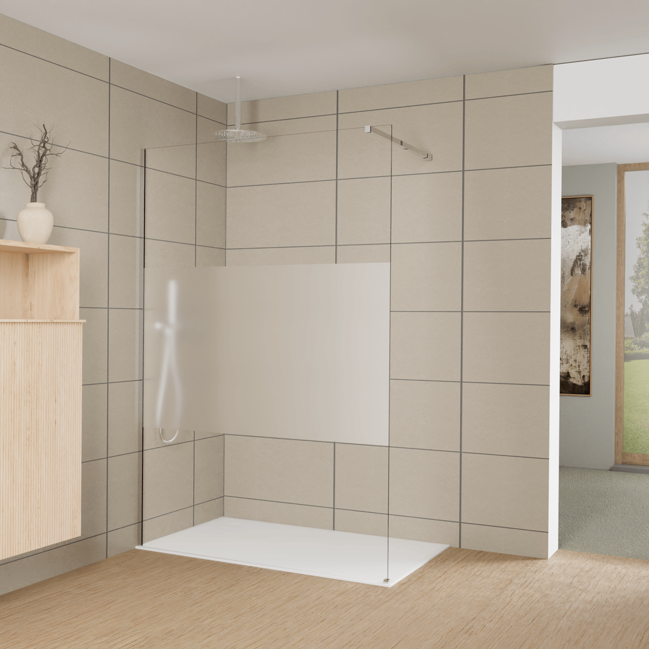 Balmani Modular douche à l'italienne: 140 x 200 cm, Verre transparent avec bande matte, avec coating, Profil Chrome brillant