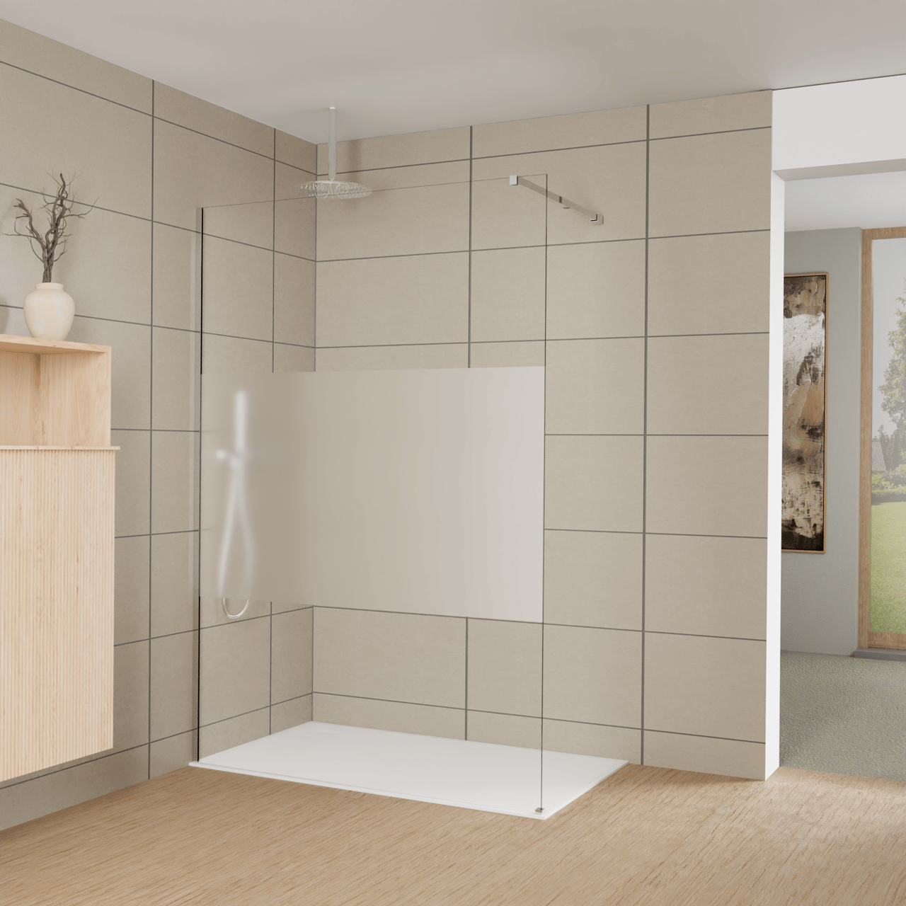 Balmani Modular Walk-In Dusche: 140 x 200 cm, Klarglas mit mattiertem Streifen, inklusive Coating, Profil Chrom glänzend