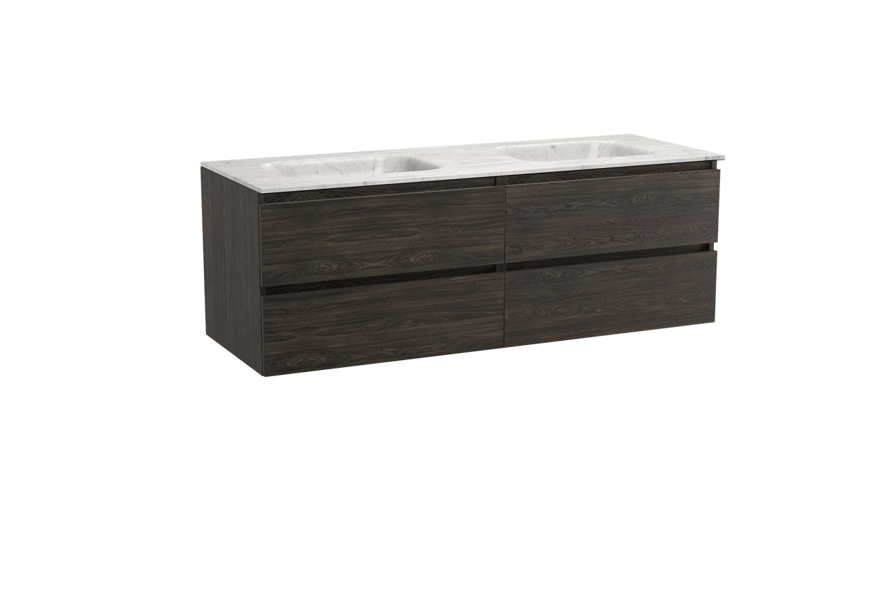 Balmani Lucida zwevend badmeubel 150 x 55 cm gerookt eiken met Tablo Arcato dubbele wastafel in carrara marmer