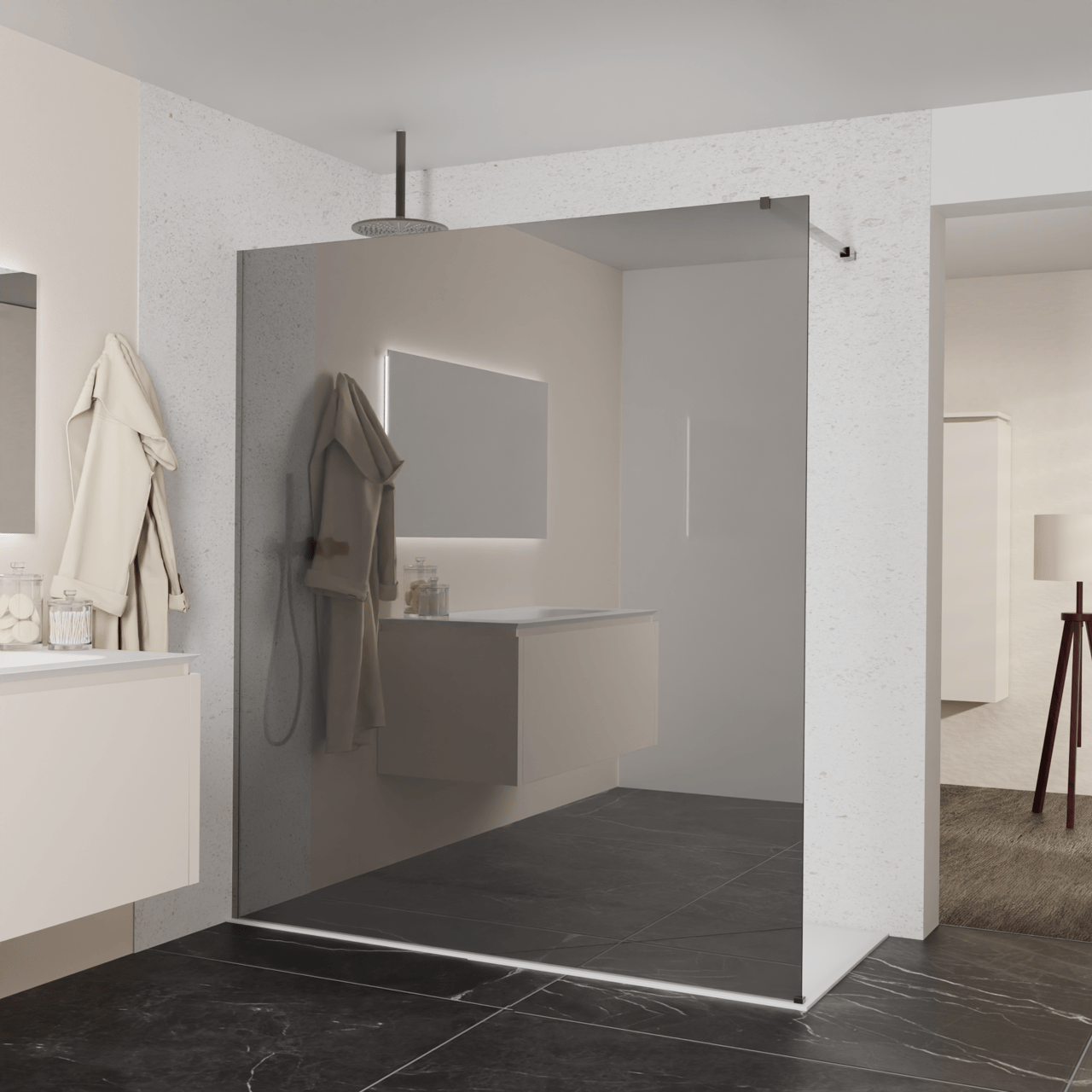 Balmani Modular Walk-In Dusche: 180 x 200 cm, Reflex-Spiegelglas, inklusive Coating, Profil Brushed GunMetal