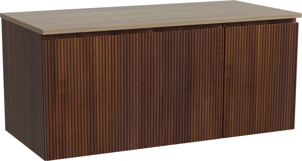 Storke Ribs zwevend badmeubel 110 x 52 cm notenhout met Panton enkel wastafelblad in melamine ruw eiken, Verticale symmetrische rechte ribbel