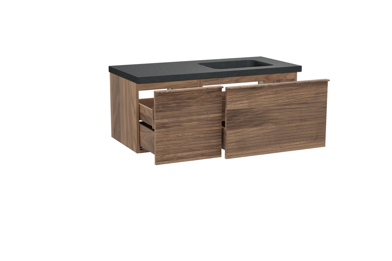 Balmani Forma hängendes Möbelstück Set: 120 x 55 cm, Amerikanischer Nussbaum, mit Napoli Waschtisch rechts, Granit, Schwarzes Granit, Horizontale symmetrische gerade Rippe