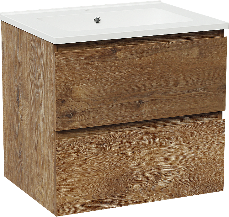 Linie Lado meuble salle de bains suspendu 60 x 46 cm chêne brun avec Vano plan simple en marbre composite blanc brillant