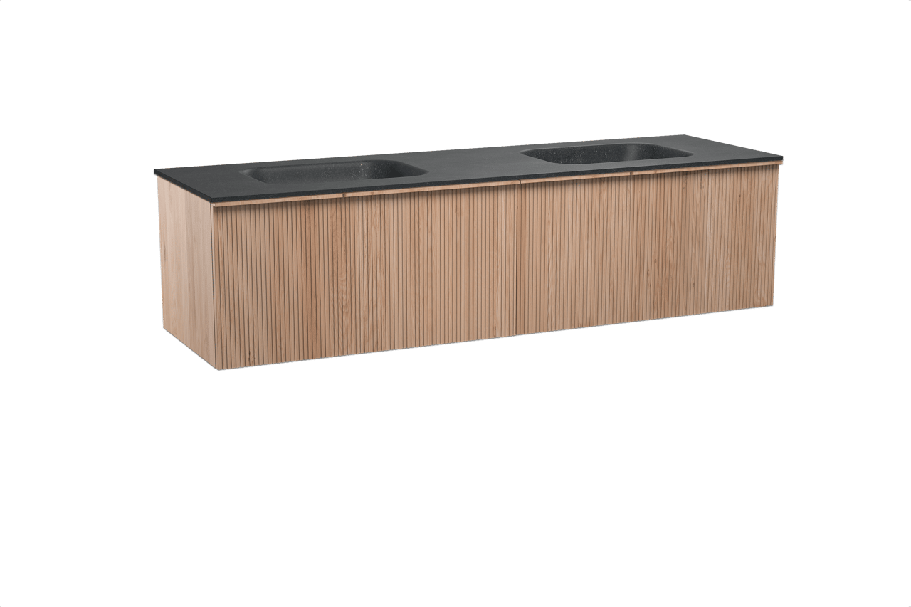 Balmani Forma hängendes Möbelstück Set: 180 x 55 cm, Naturbelassene Eiche, mit Tablo Arcato Doppelwaschtisch, Granit, Schwarzes Granit, Vertikale symmetrische gerade Rippe