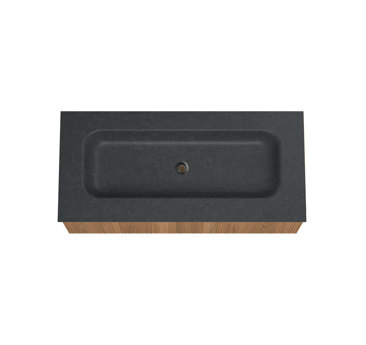 Balmani Forma hängendes Möbelstück Set: 120 x 55 cm, Teak, mit Tablo Arcato Einzelwaschtisch für 2 Armaturenlöcher, Granit, Schwarzes Granit, Vertikale symmetrische gerade Rippe
